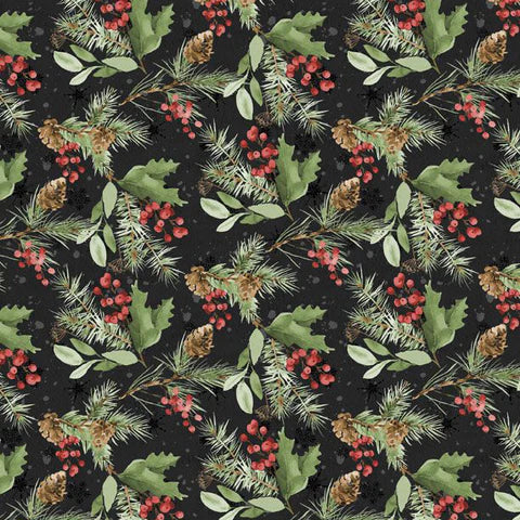 Cardinal Celebration- Black Greenery Toss - Wilmington Fabrics