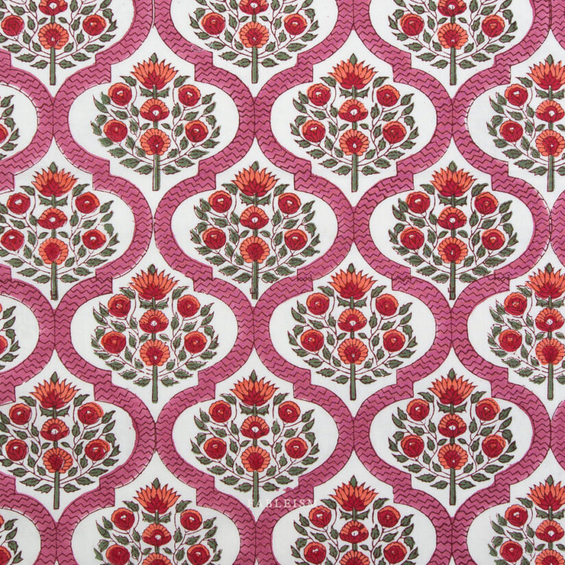 Pink - Lattice Floral - Indian Block Print - Fableism